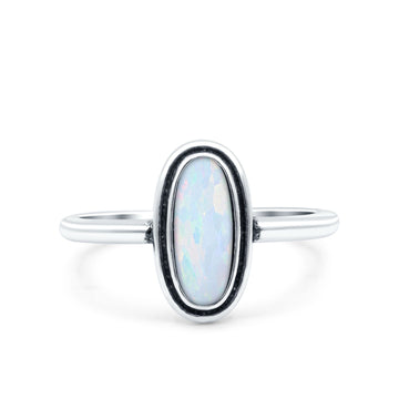 Vintage Style Promise Ring Band Oxidized Lab Created White Opal 925 Sterling Silver